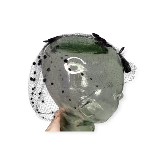 Vintage Black Net w/Polka Dots & Bows Head Covering One Size Fits Most - Picture 2 of 7
